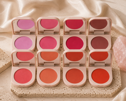A set of twelve open round makeup compacts arranged in a 3-by-4 grid, showing a range of pink, coral, orange, and mauve shades. The compacts have a pale pink-beige casing and are displayed on a speckled beige stone slab with draped satin fabric in the background.