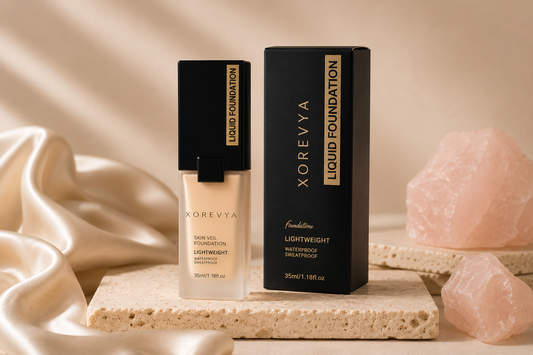 Xorevya Liquid Foundation in a black rectangular bottle with a beige foundation liquid visible inside, standing next to its black retail box. The product is styled on a stone slab with draped beige satin fabric and pink crystal rocks in the background.